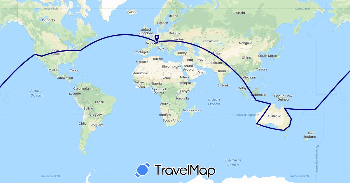 TravelMap itinerary: driving in Australia, Switzerland, Fiji, Indonesia, Thailand, United States (Asia, Europe, North America, Oceania)